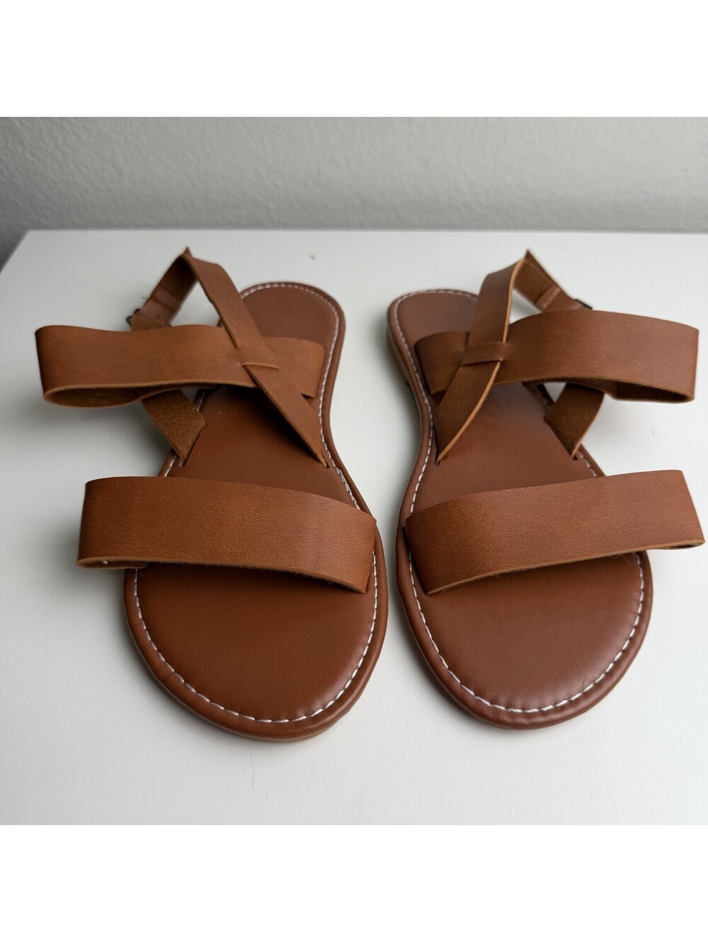 Women’s Brown Cognac Strappy Sandals Ankle Strap Flat Casual Shoes Size 9